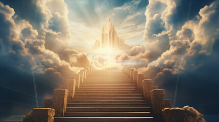 Obraz premium Stairs to heaven heading up to skies, bright light from heaven door, Concept art, Epic light,Background illustration of stairs on the way to heaven,The way to success concept : stair on the cloud