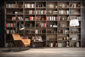 Bookshelf with books in a modern library. 3d rendering, world book day, education day, international education day - obrazy, fototapety, plakaty