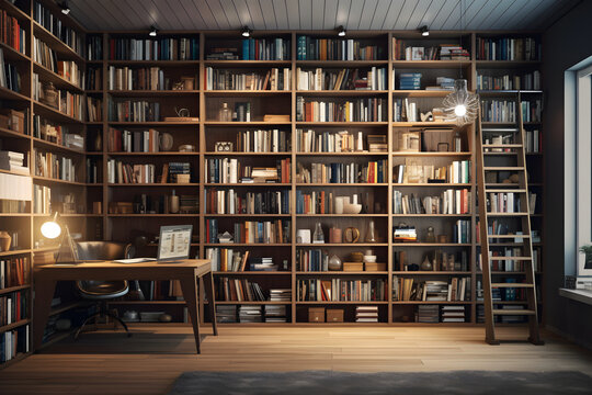 Bookshelf with books in a modern library. 3d rendering, world book day, education day, international education day