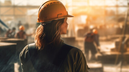 In the midst of dynamic construction site, a woman worker stands. Generative AI