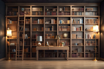Bookshelf with books in a modern library. 3d rendering, world book day, education day,...