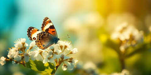 Butterfly on blooming flowers. Nature background. Spring.