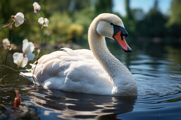 Fototapeta premium The graceful curve of a swan's neck as it glides across a tranquil pond. Concept of natural elegance. Generative Ai.
