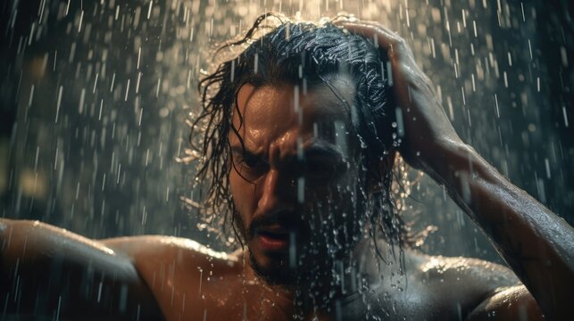 portrait of a brutal man with long wet hair in the rain