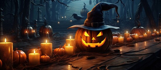 Nighttime Halloween scene featuring pumpkins witch hat candles on table and mysterious landscape with copyspace for text