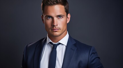 Confident mid-30s businessman in a navy blue suit, sharp focus, with neatly groomed brown hair and piercing blue eyes. Clean backdrop, soft lighting and professional  - Powered by Adobe