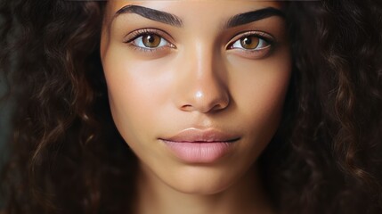 Fototapeta premium Close-up portrait of a woman with a natural beauty, showcasing a neutral facial expression. The image emphasizes her beauty and highlights her natural features