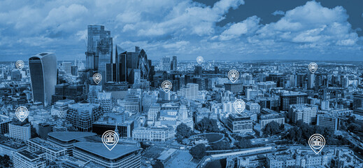 Modern cityscape and location information concept. GPS. Global Positioning System. Navigation map....