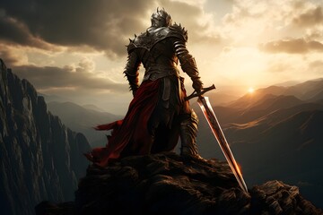 Knight with sword on top of mountain. 3d render illustration.