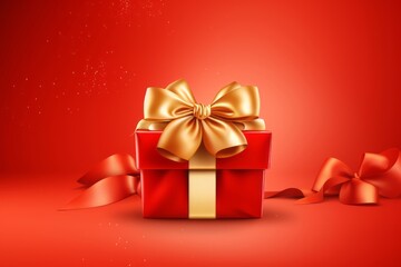 A Gift Box with Golden Bow Amidst Geometric and Organic Shapes, Generative AI