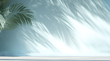 Fototapeta na wymiar Coastal Elegance, Light Blue Wall with Palm Tree Shadow and Leaves for Product Display, Generative AI