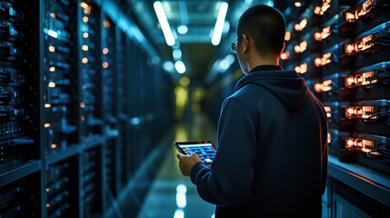 Managing the Data Center, IT Specialist Holds Tablet while Working in a Server Room, Generative AI