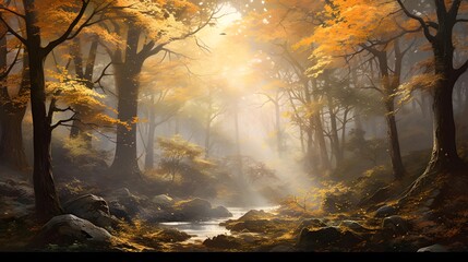 Autumn forest with fog and water. Panoramic image.
