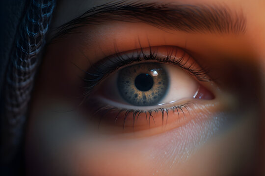 Close-up of a beautiful young woman's eye with black veil. Islam concept, macro photography