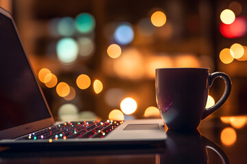 Coffee cup and laptop on the table with bokeh background, for poster, banner background