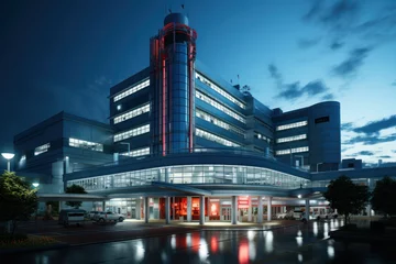 Fotobehang A modern hospital building, symbolizing advanced medical care and emergency services. Concept of healthcare infrastructure. Generative Ai. © Sebastian
