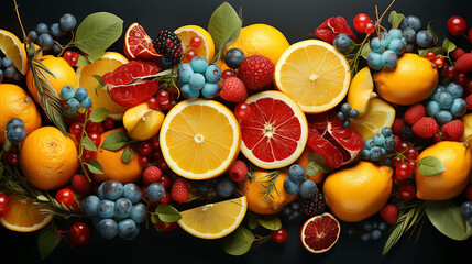 Bright fruit and berry banner, illustration of a healthy lifestyle