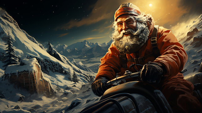Santa Claus with gifts, creative image of outdoor activities in the mountains