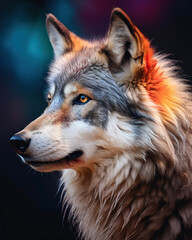 Wild wolf with lush fur in the rays of the setting sun