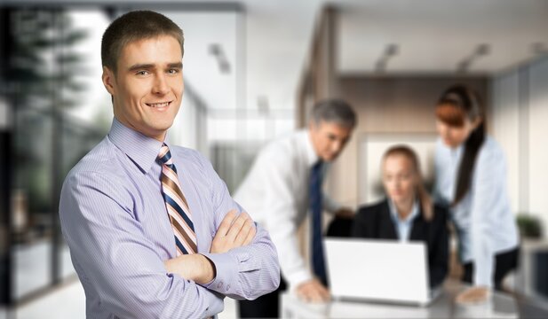Portrait of business man at work in modern office, AI generated image