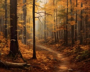 Autumn forest panorama with colorful foliage and path in the foreground