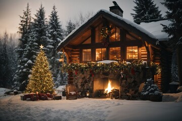 Beautiful large country house with outdoor fireplace in winter in the forest. Christmas tree, garlands, gifts decorate the home