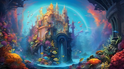 Fantasy landscape with a castle in the middle of a fantasy lake
