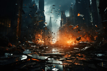 A shattered glass skyscraper facade after a hailstorm, depicting the destruction caused by extreme weather. Concept of hailstorm damage. Generative Ai.