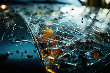 A shattered car windshield after a severe hailstorm, emphasizing the dangers of hail. Concept of hail damage. Generative Ai.