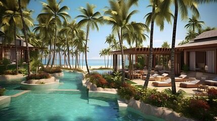 Swimming pool with palm trees and sunbeds at luxury resort - obrazy, fototapety, plakaty