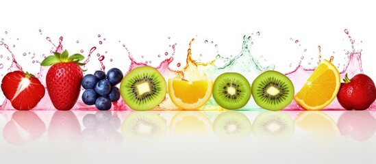 Colorful fruit stripe collection with splash on white background with copyspace for text