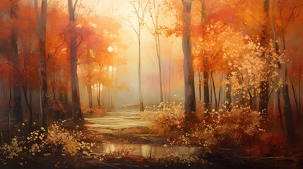 Autumn forest with fog and sunbeams. Panoramic image.