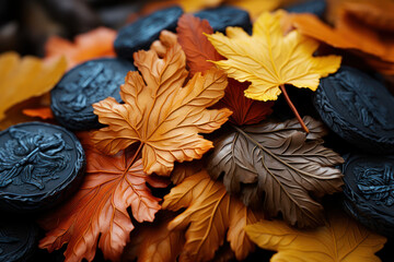 A pile of fallen autumn leaves, each one a symbol of a season's passage and the changing cycles of time. Concept of natural rhythms. Generative Ai.