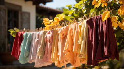 colorful clothing dries on a clothesline in the yard outside in the sunlight,
