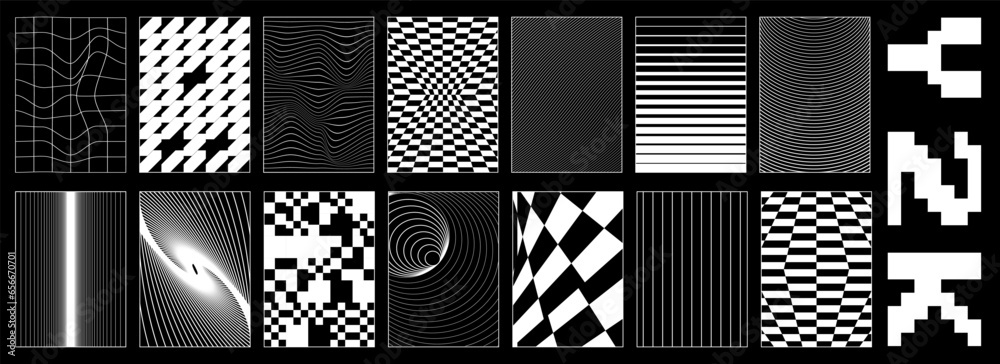 Poster abstract rave psychedelic backgrounds in y2k style. black and white retro futuristic isolated shapes