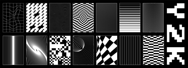 Abstract rave psychedelic backgrounds in y2k style. Black and white retro futuristic isolated shapes, wireframe, perspective grids on black background.