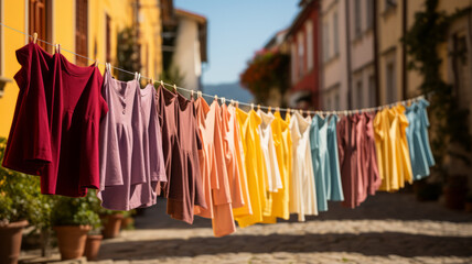 colorful clothing dries on a clothesline in the yard outside in the sunlight,