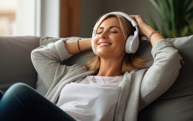 A smiling woman in headphones relaxing on her couch with her hands behind her head. Generative AI