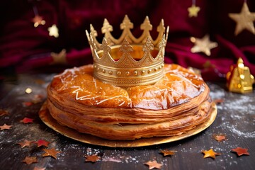 Galette des rois traditionnelle avec une couronne posée dessus, du sucre glace décore ce gâteau pour la Fête des Rois Mages. Délicieux dessert français qui célèbre le début d´année. Spécialité.