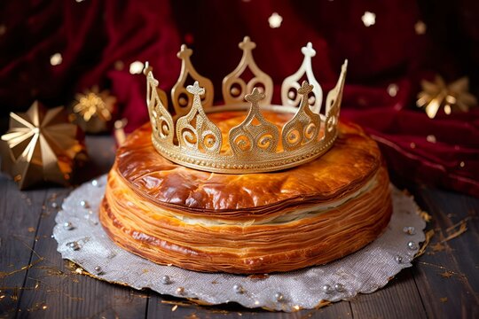Galette des rois traditionnelle avec une couronne dorée posée dessus, du sucre glace décore ce gâteau pour la Fête des Rois Mages. Délicieux dessert français qui célèbre le début d´année. Spécialité.