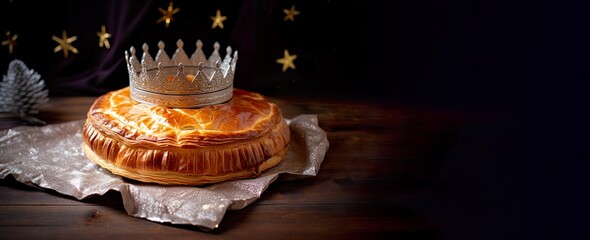 Galette des rois traditionnelle avec une couronne argentée posée dessus, du sucre glace décore ce gâteau pour la Fête des Rois Mages. Délicieux dessert françaisqui célèbre le début d´année. Spécialité - obrazy, fototapety, plakaty