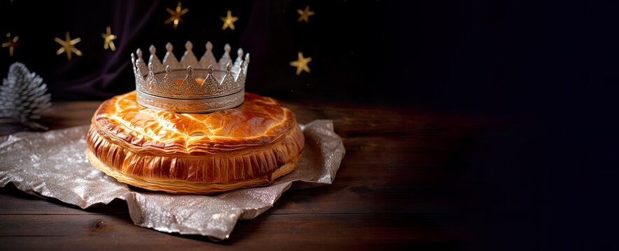 Galette des rois traditionnelle avec une couronne argent&eacute;e pos&eacute;e dessus, du sucre glace d&eacute;core ce g&acirc;teau pour la F&ecirc;te des Rois Mages. D&eacute;licieux dessert fran&ccedil;aisqui c&eacute;l&egrave;bre le d&eacute;but d&acute;ann&eacute;e. Sp&eacute;cialit&eacute;