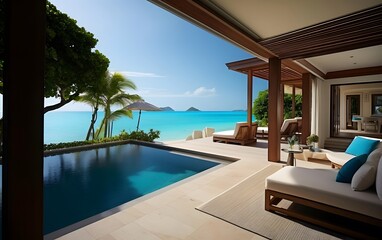 Panoramic view of luxury villa with swimming pool and beach