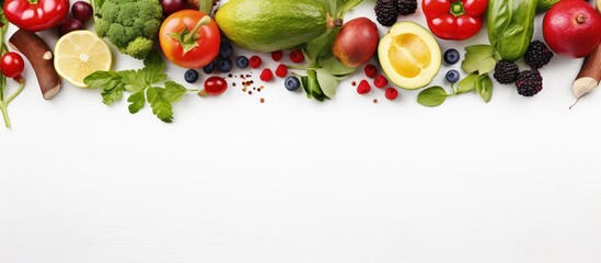 High resolution top view of various fruits and vegetables on a white backdrop promoting healthy...