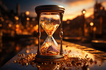 A broken hourglass releasing its last grains of sand, illustrating the finality of moments and the end of time. Concept of impermanence. Generative Ai. - obrazy, fototapety, plakaty