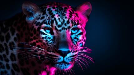 Template of a fierce leopard under colorful pink and blue neon light background, with copy space, studio shot.