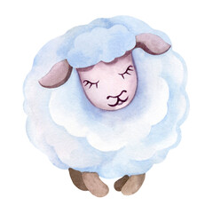 Watercolor illustration of cartoon sheep. Fluffy, sleeping animal on a white background, drawn by...