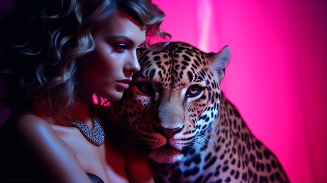 Beautiful young woman with a fierce leopard under pink and blue neon light in studio, concept of dangerous, woman power and fatal temptation.