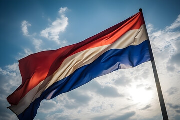 Flag of Netherlands waving in the wind against blue sky with sun rays, independence day - obrazy, fototapety, plakaty