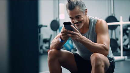 man who sweats on social media at the gym in training Exercise or exercise during breaks. - obrazy, fototapety, plakaty